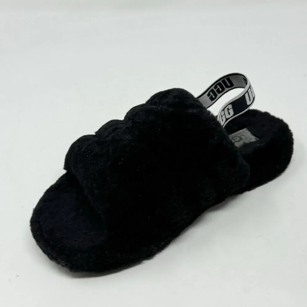 UGG Fluff Yeah Shearling Slingback Slippers Kids Girls 5 Black Red Open Toe